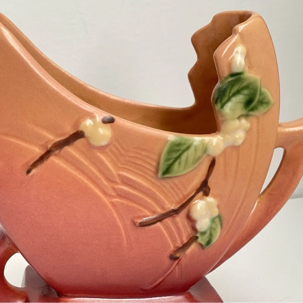 Roseville Snowberry Fan Vase Pink Burgundy Art Pottery Mid Century - Picture 8 of 16